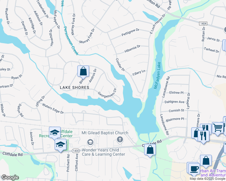 map of restaurants, bars, coffee shops, grocery stores, and more near 544 Georgetown Circle in Fayetteville