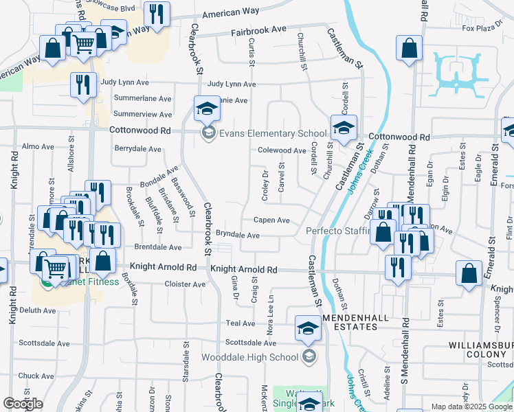 map of restaurants, bars, coffee shops, grocery stores, and more near 3049 Croley Drive in Memphis