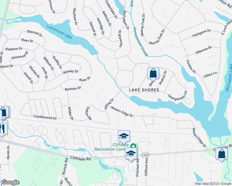 map of restaurants, bars, coffee shops, grocery stores, and more near 343 Offing Drive in Fayetteville