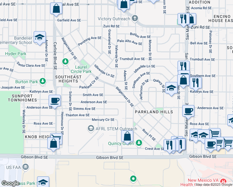 map of restaurants, bars, coffee shops, grocery stores, and more near 4033 Smith Avenue Southeast in Albuquerque