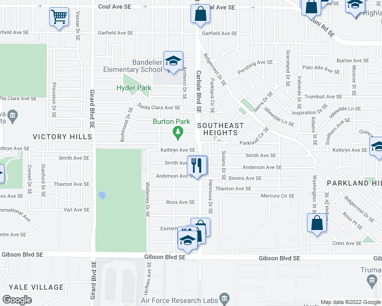 map of restaurants, bars, coffee shops, grocery stores, and more near 3532 Kathryn Avenue Southeast in Albuquerque