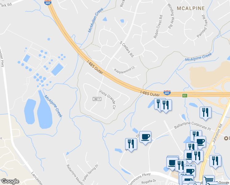 map of restaurants, bars, coffee shops, grocery stores, and more near 11312 Vista Haven Drive in Charlotte