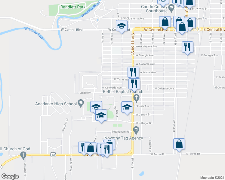 map of restaurants, bars, coffee shops, grocery stores, and more near 708 West Colorado Avenue in Anadarko