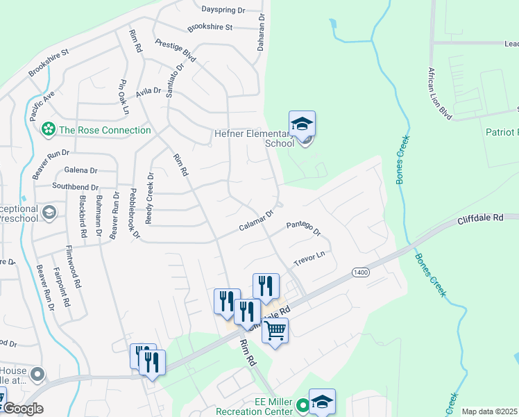 map of restaurants, bars, coffee shops, grocery stores, and more near 7099 Bahia Loop in Fayetteville