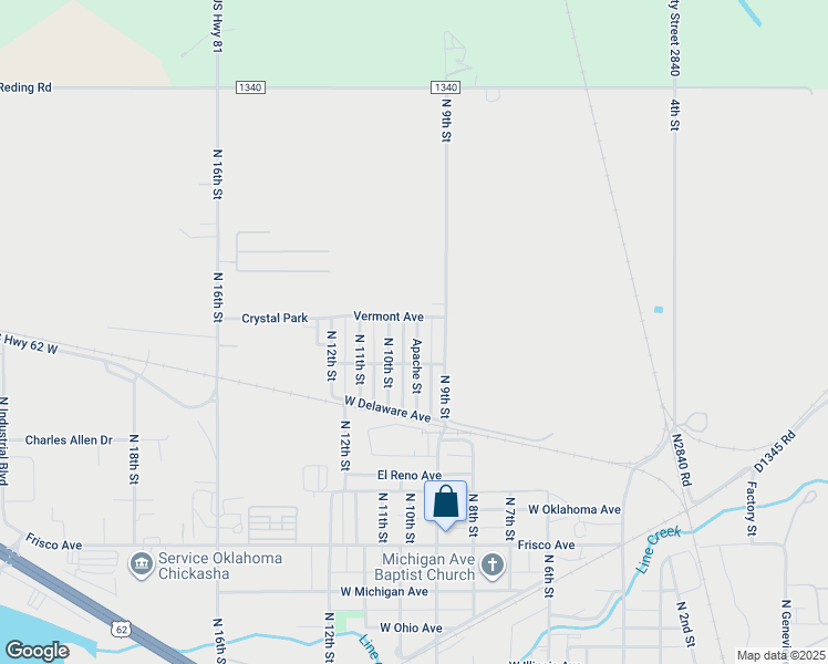 map of restaurants, bars, coffee shops, grocery stores, and more near 1125 Apache Street in Chickasha