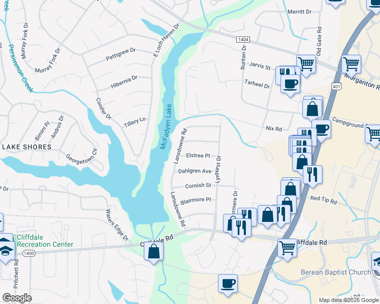 map of restaurants, bars, coffee shops, grocery stores, and more near 6030 Elstree Place in Fayetteville