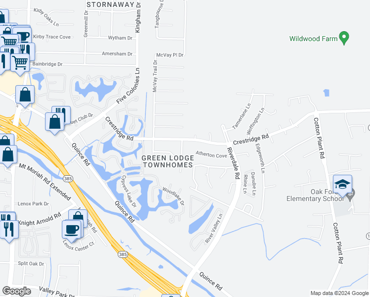 map of restaurants, bars, coffee shops, grocery stores, and more near 3050 Greenlodge Lane in Memphis