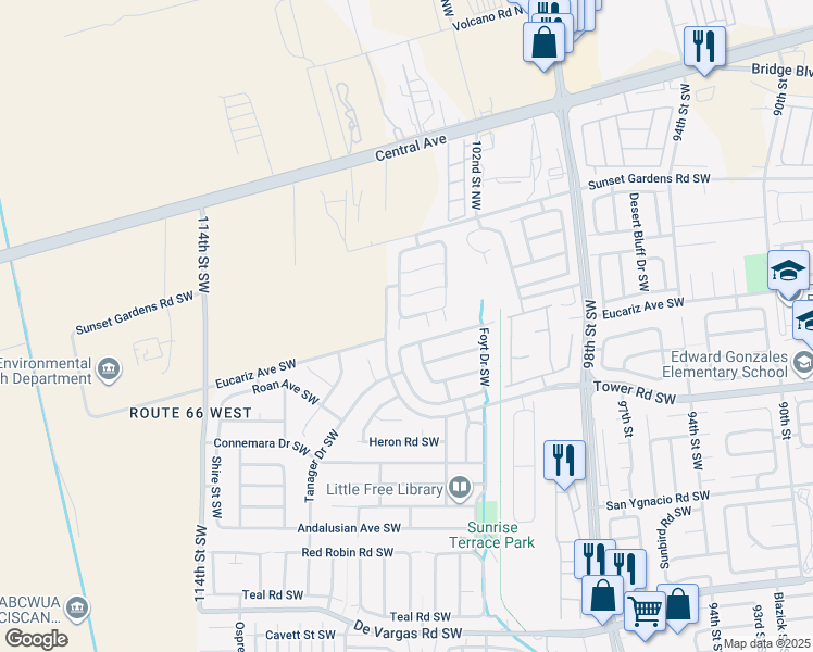 map of restaurants, bars, coffee shops, grocery stores, and more near 480 Sunrise West Drive Southwest in Albuquerque