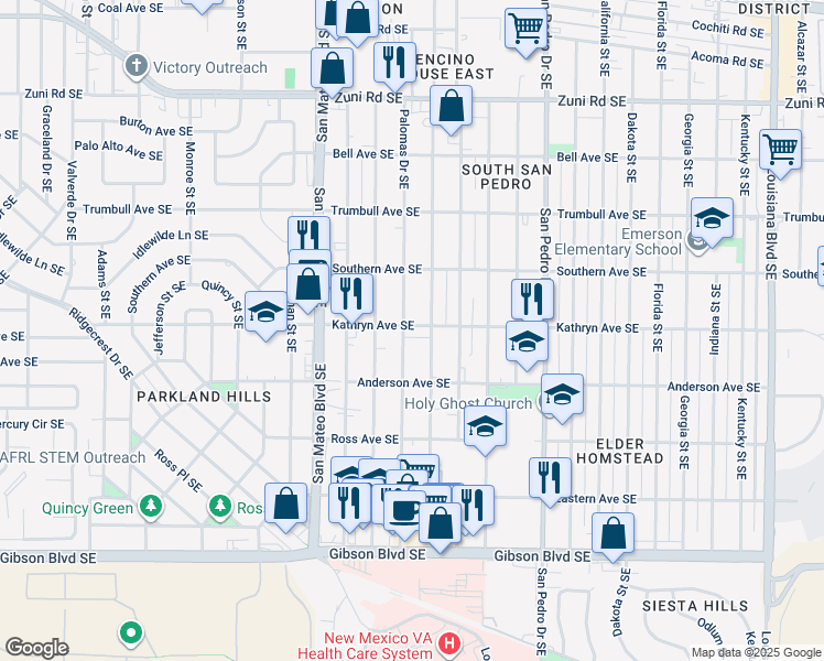 map of restaurants, bars, coffee shops, grocery stores, and more near 5708 Kathryn Avenue Southeast in Albuquerque