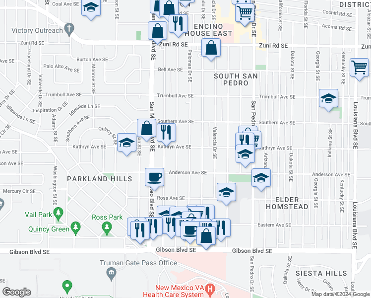 map of restaurants, bars, coffee shops, grocery stores, and more near 1000 Madeira Drive Southeast in Albuquerque