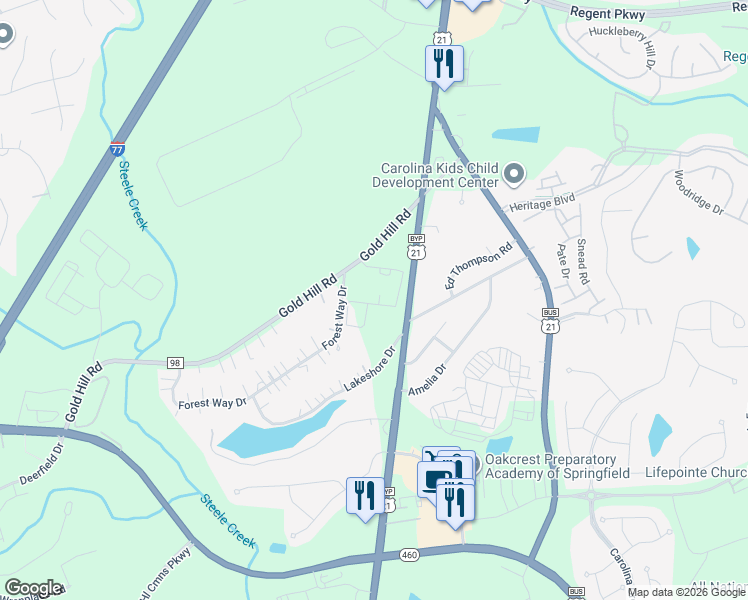 map of restaurants, bars, coffee shops, grocery stores, and more near 327 Forest Way Drive in Fort Mill