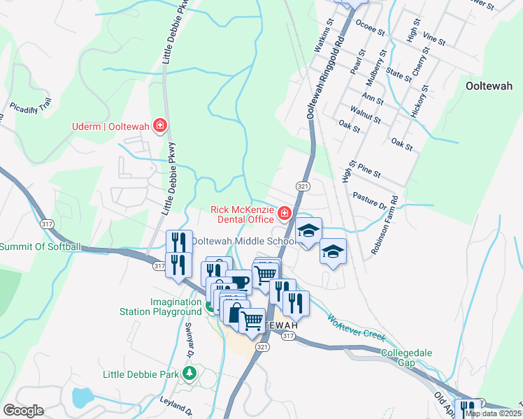 map of restaurants, bars, coffee shops, grocery stores, and more near 9416 David Smith Lane in Collegedale