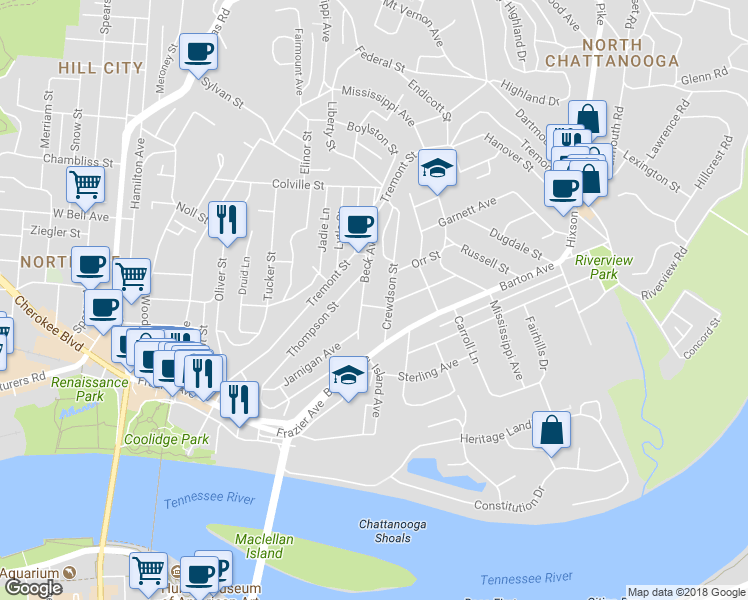 map of restaurants, bars, coffee shops, grocery stores, and more near 405 Crewdson Street in Chattanooga
