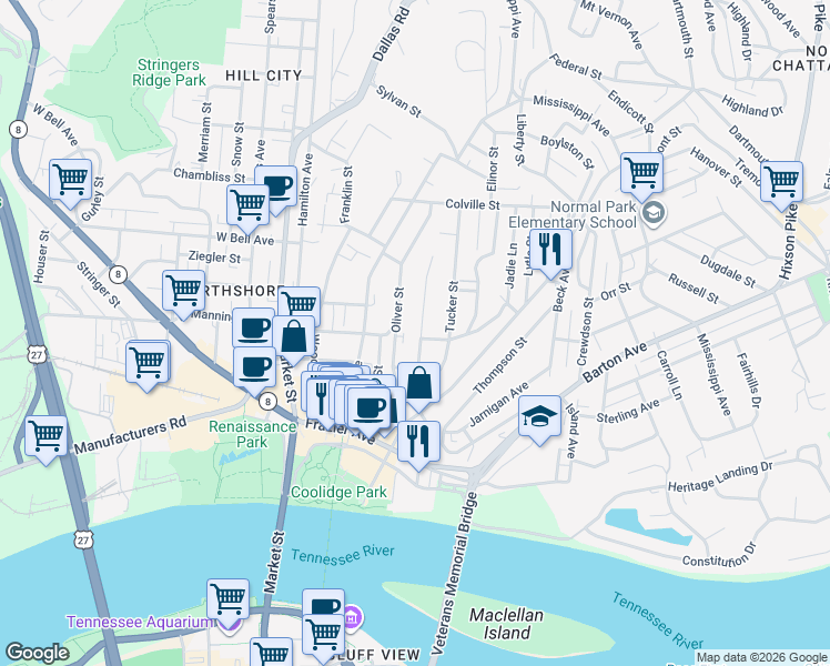 map of restaurants, bars, coffee shops, grocery stores, and more near 403 East Manning Street in Chattanooga