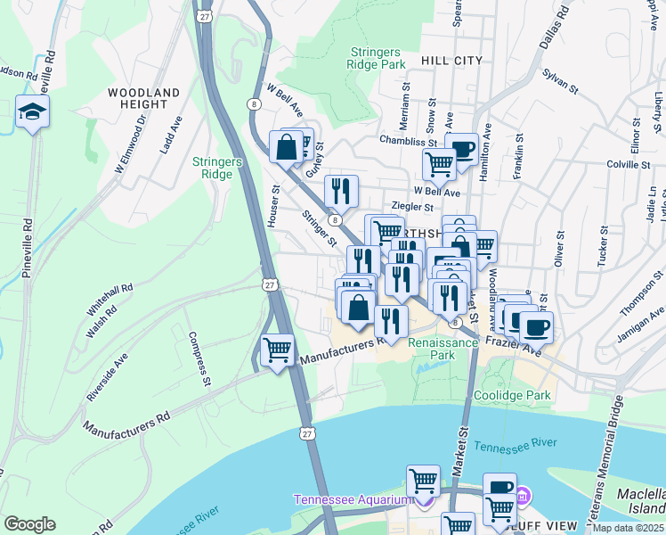 map of restaurants, bars, coffee shops, grocery stores, and more near 110 Peerless Avenue in Chattanooga