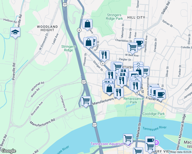 map of restaurants, bars, coffee shops, grocery stores, and more near 610 West Manning Street in Chattanooga