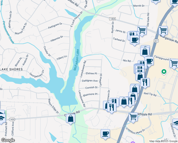 map of restaurants, bars, coffee shops, grocery stores, and more near 6030 Elstree Place in Fayetteville