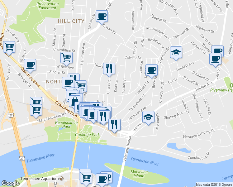 map of restaurants, bars, coffee shops, grocery stores, and more near 403 E Manning St in Chattanooga