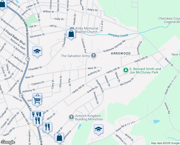 map of restaurants, bars, coffee shops, grocery stores, and more near 702 New Street in Gaffney