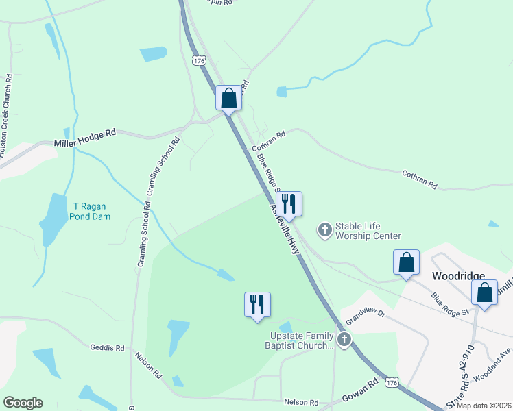 map of restaurants, bars, coffee shops, grocery stores, and more near 125 Settle Drive in Inman
