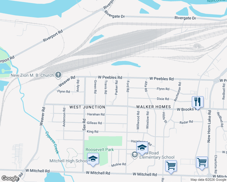 map of restaurants, bars, coffee shops, grocery stores, and more near 3055 Parker Road in Memphis