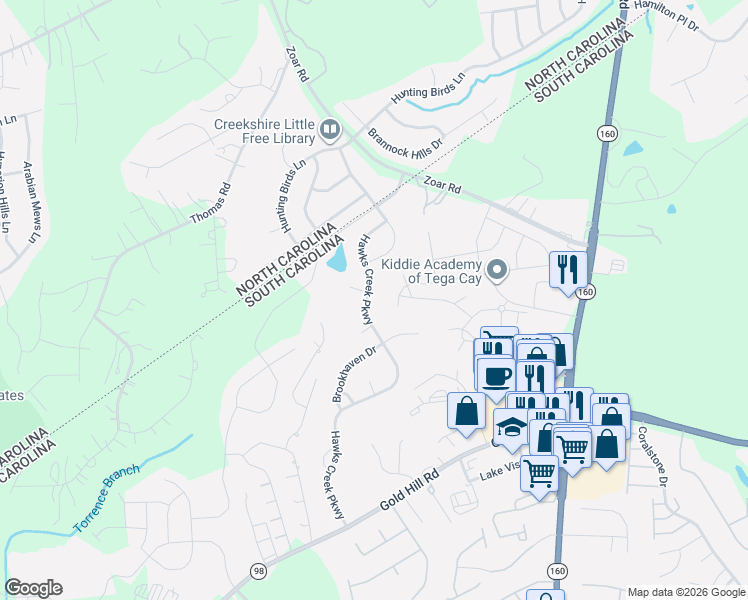 map of restaurants, bars, coffee shops, grocery stores, and more near 404 Hawks Creek Parkway in Fort Mill