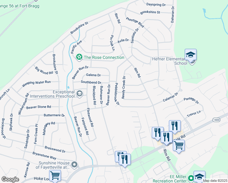 map of restaurants, bars, coffee shops, grocery stores, and more near 7301 Pebblebrook Drive in Fayetteville