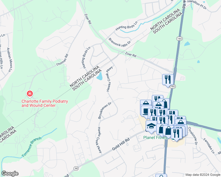 map of restaurants, bars, coffee shops, grocery stores, and more near 404 Hawks Creek Parkway in Fort Mill