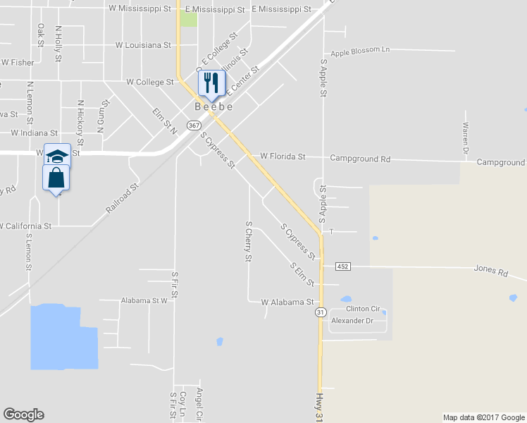 map of restaurants, bars, coffee shops, grocery stores, and more near 404 South Cypress Street in Beebe