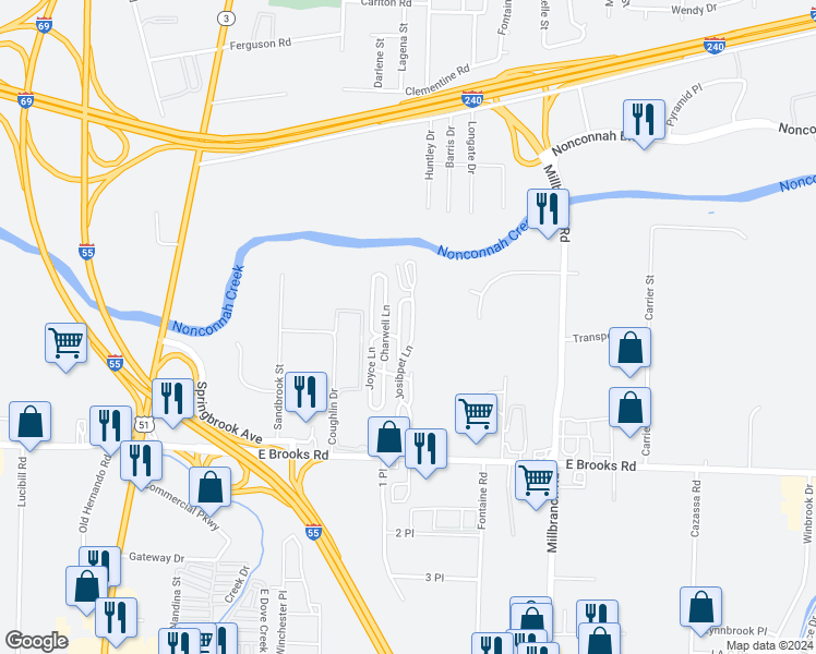 map of restaurants, bars, coffee shops, grocery stores, and more near 3045 Josibpet Lane in Memphis