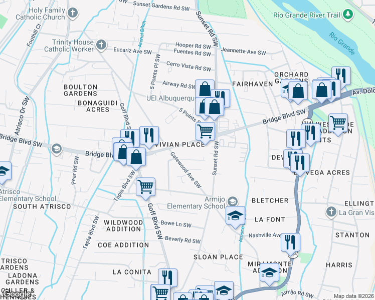 map of restaurants, bars, coffee shops, grocery stores, and more near 1560 Bridge Boulevard Southwest in Albuquerque