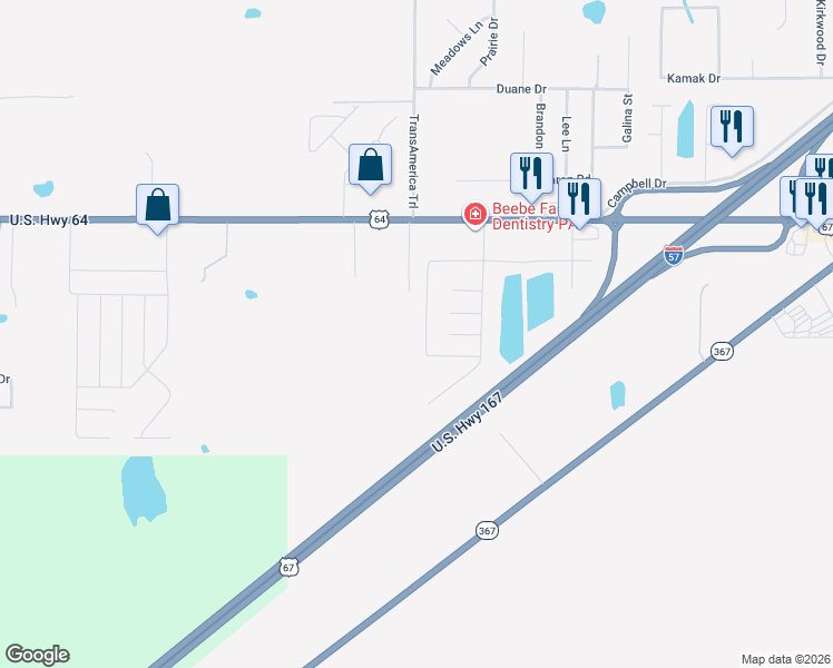 map of restaurants, bars, coffee shops, grocery stores, and more near 124 Pine View Drive in Beebe
