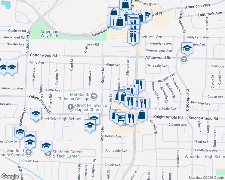 map of restaurants, bars, coffee shops, grocery stores, and more near 3057 Atmore Street in Memphis