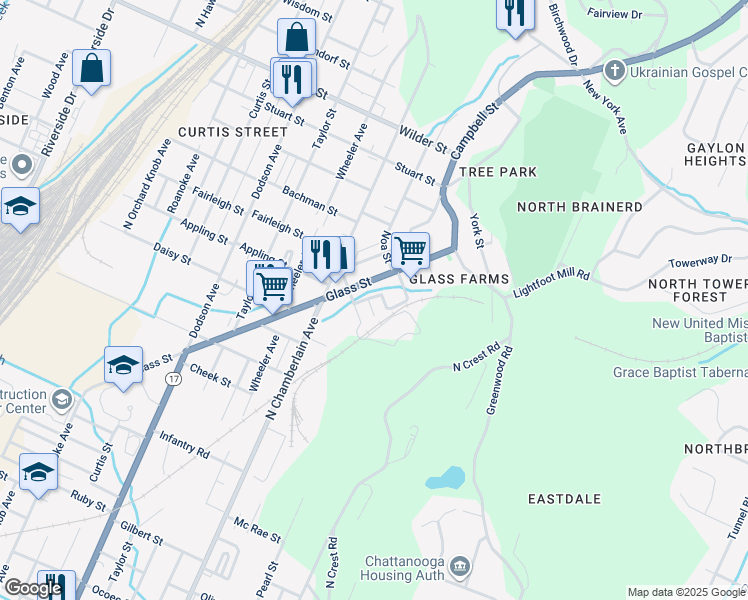map of restaurants, bars, coffee shops, grocery stores, and more near 2410 Wetmore Street in Chattanooga