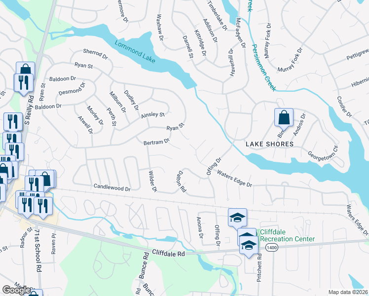 map of restaurants, bars, coffee shops, grocery stores, and more near 200 Bertram Place in Fayetteville