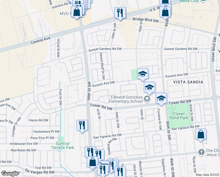 map of restaurants, bars, coffee shops, grocery stores, and more near 504 Dean Drive Southwest in Albuquerque