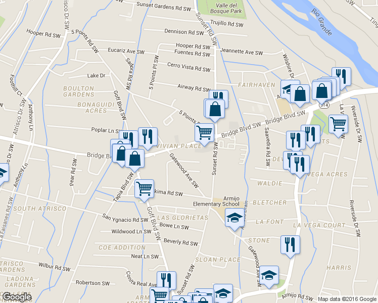 map of restaurants, bars, coffee shops, grocery stores, and more near 1560 Bridge Boulevard Southwest in Albuquerque