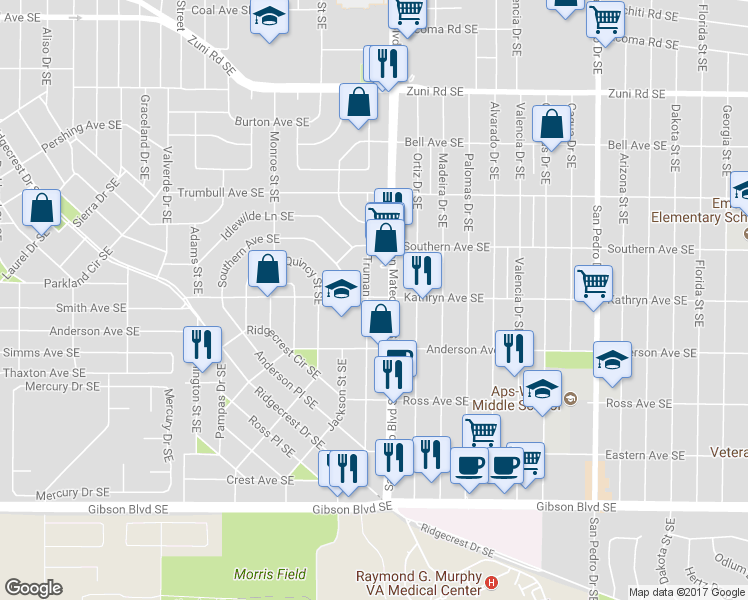 map of restaurants, bars, coffee shops, grocery stores, and more near 1100 Truman Street Southeast in Albuquerque