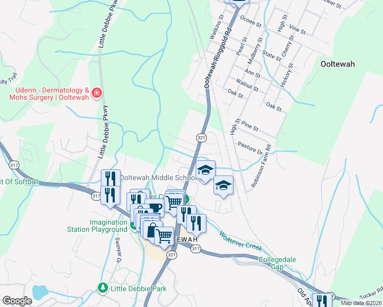 map of restaurants, bars, coffee shops, grocery stores, and more near 9340 Caddo Lane in Collegedale