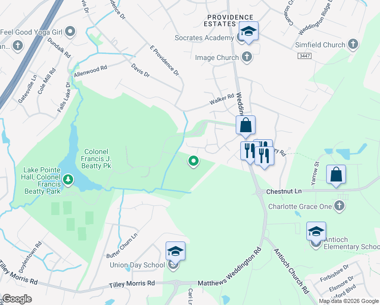 map of restaurants, bars, coffee shops, grocery stores, and more near 3520 South Bank Court in Matthews