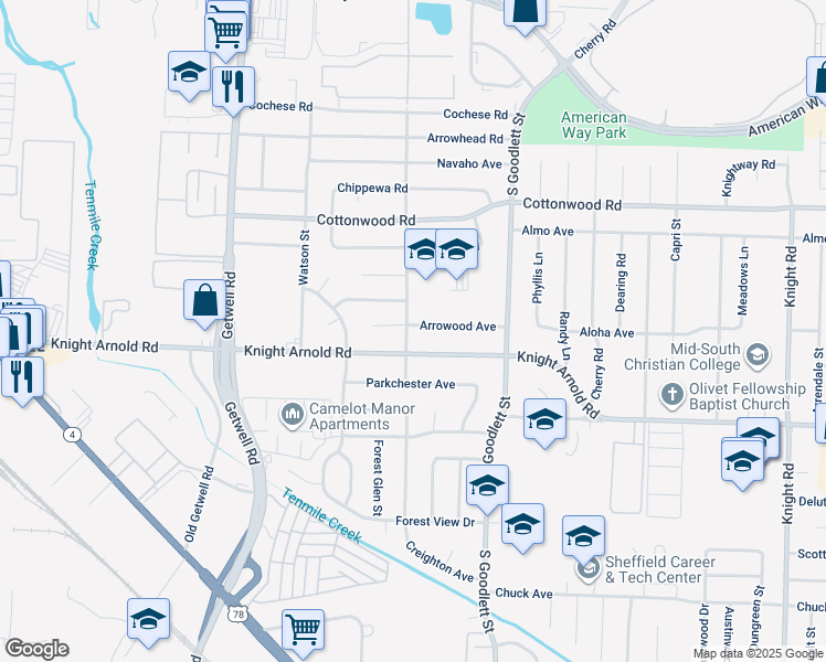 map of restaurants, bars, coffee shops, grocery stores, and more near 4151 Arrowood Avenue in Memphis