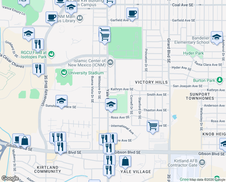 map of restaurants, bars, coffee shops, grocery stores, and more near 2319 Academic Place Southeast in Albuquerque