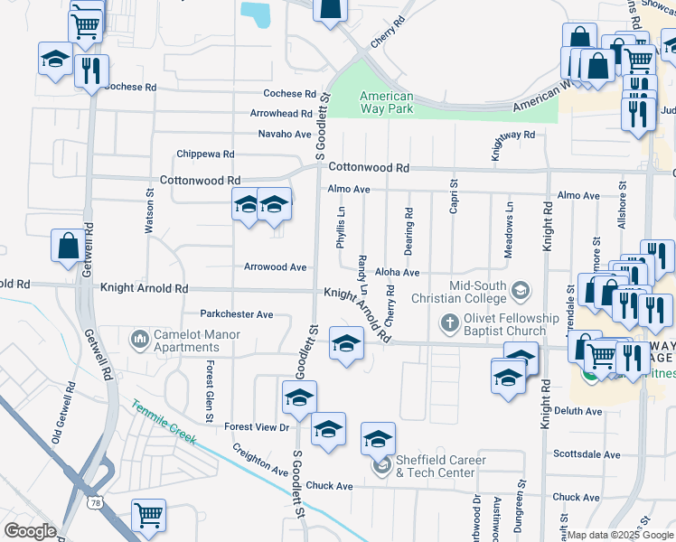 map of restaurants, bars, coffee shops, grocery stores, and more near 4295 Aloha Avenue in Memphis