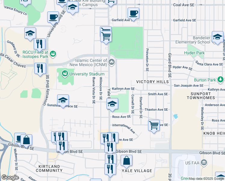 map of restaurants, bars, coffee shops, grocery stores, and more near 2309 Academic Place Southeast in Albuquerque