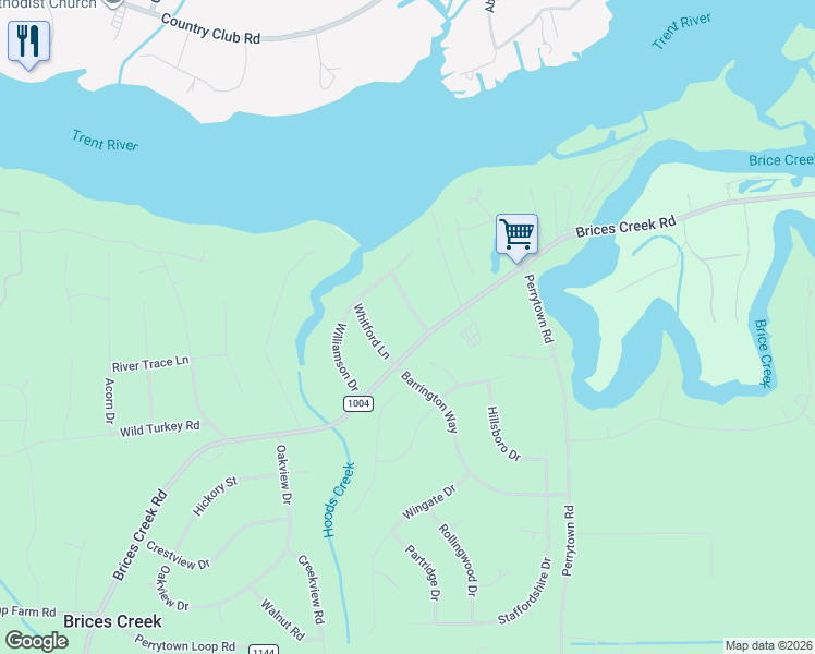 map of restaurants, bars, coffee shops, grocery stores, and more near 118 Dorchester Ln in New Bern