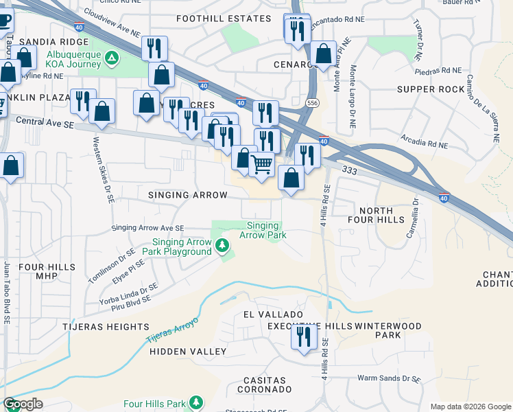map of restaurants, bars, coffee shops, grocery stores, and more near 13150 Wenonah Avenue Southeast in Albuquerque