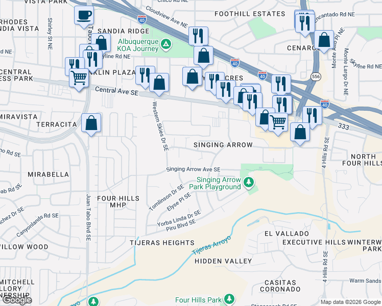 map of restaurants, bars, coffee shops, grocery stores, and more near 12724 Dunes Road Southeast in Albuquerque
