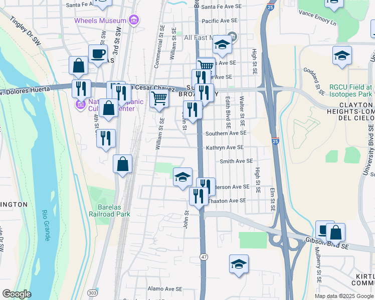 map of restaurants, bars, coffee shops, grocery stores, and more near 224 Kathryn Avenue Southeast in Albuquerque