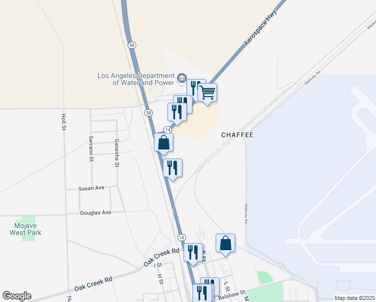 map of restaurants, bars, coffee shops, grocery stores, and more near 16800 California 14 in Mojave