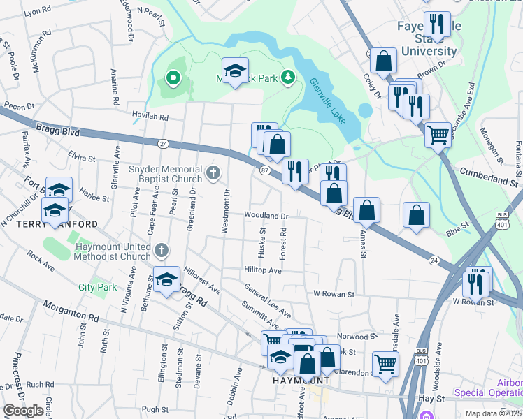 map of restaurants, bars, coffee shops, grocery stores, and more near 706 Weldon Avenue in Fayetteville